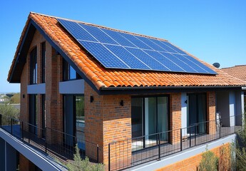 Fototapeta premium The roof of the residential building is equipped with solar panels.