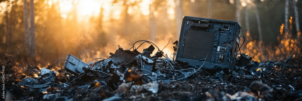 Poster black box recorder surrounded by debris from an aircraft crash in a wooded area during golden hour. 