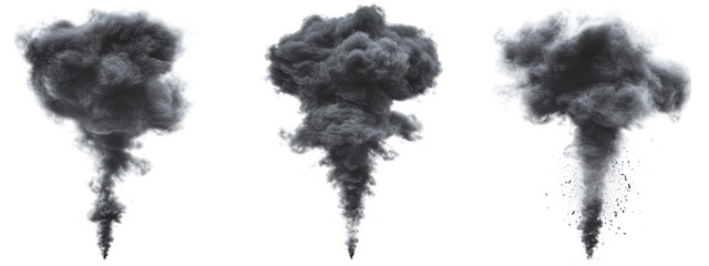 Three realistic plumes of black smoke with detailed swirling patterns