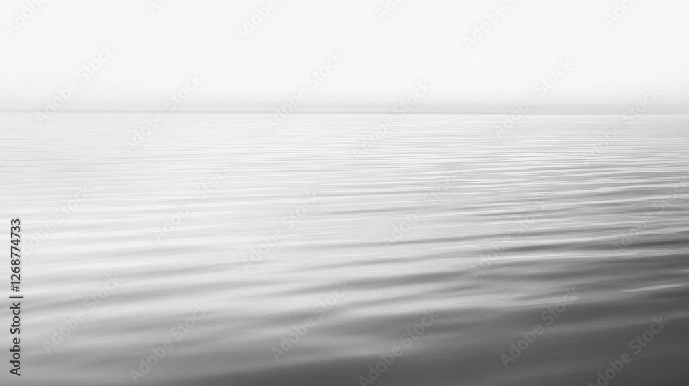 Poster softly rippling water reflects muted gray tones of a quiet horizon at dawn, creating a serene atmosp