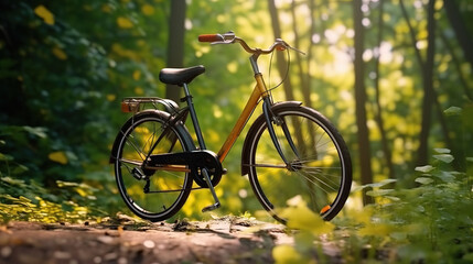 Fototapeta premium Spring Summer Park with Bicycle Beneath Dense Tree Foliage in Sunlight