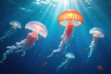 Oceanic ballet graceful jellyfish dance in sunlit depths, their translucent bells pulsating with ethereal light