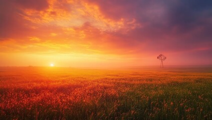 Sunrise over misty field, lone tree, vibrant sky, idyllic rural scene, postcard