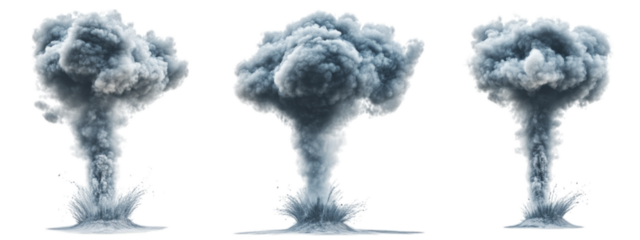 Three explosive gray smoke clouds rising from ground in sequence