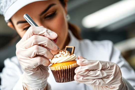 Baker is decorating a cupcake 