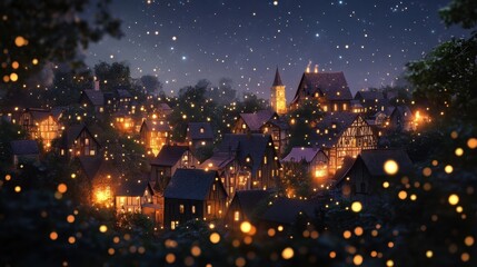 Enchanted village glimmers beneath a starlit and magical night