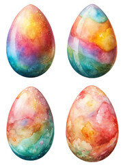 Colorful watercolor eggs, vibrant pastel shades, artistic design, decorative purpose, holiday themes.