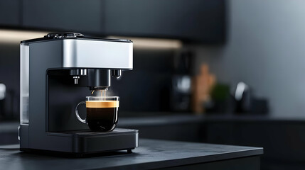 A modern espresso machine brewing a rich cup of coffee in a stylish kitchen.