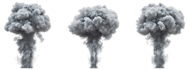 Three large gray smoke explosions isolated on black background with varied shapes and sizes