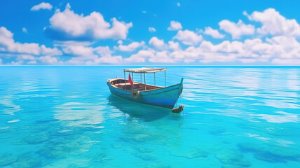 Tropical Island and Boat on Clear Turquoise Water Under Blue Skyline