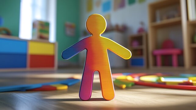 A playful wooden human cutout pnted in vibrant colors, standing in a child's playroom.
