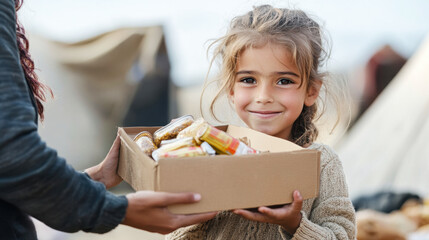 Middle-eastern Muslim migrant tribal child girl smiling and receive food box from the staff of the organization that provides assistance to refugees in fugee camps on the border
