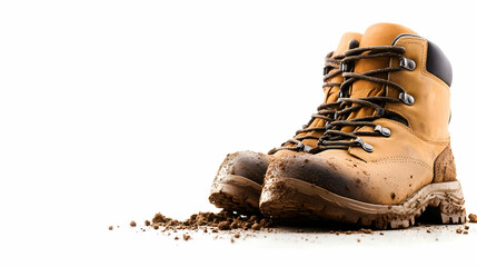 A pair of worn hiking boots covered in dirt, symbolizing adventure and exploration.