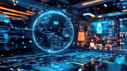 Fototapeta premium A holographic sphere of artificial intelligence floating in a futuristic lab.