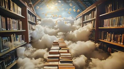 A library with a long aisle of bookshelves. The shelves are filled with books of all different colors and sizes.