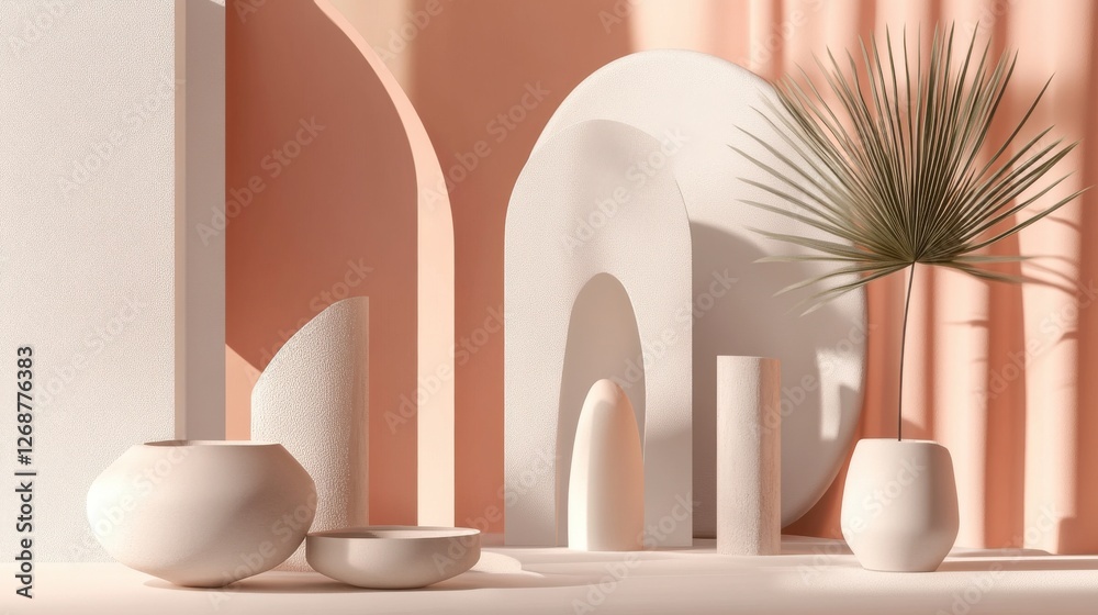 Fototapete soft pastel peach and gray forms create an elegant still life arrangement with unique shapes and tex