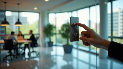 Hand turning off a switch, Hand in modern office reaching for switch