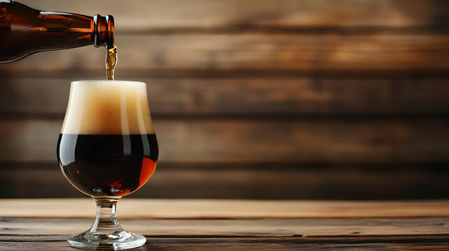 A refreshing dark beer being poured into a glass with foam on top against a wooden background.