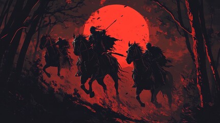 Dark riders on horseback emerge against a blood red sun