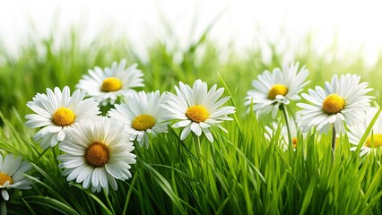 Vibrant Spring Meadow: Delicate Daisies in Lush Green Grass - Isolated Background Stock Photo