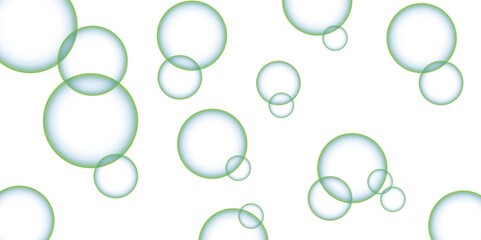 green bubbles. Abstract, white transparent and soap bubbles floating in the air. Design soap bubbles on a white background. with circles. Banner pattern with copy space illustration.