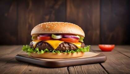 fresh tasty burger on wood table