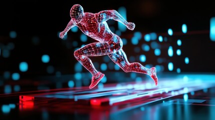 Floating 3D hologram of a runner illustrating ideal stride length and foot strike, semi-transparent digital anatomy, sci-fi aesthetics