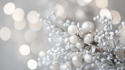 Fototapeta premium Glowing silver and gray decor featuring elegant branches and ornaments for seasonal celebration