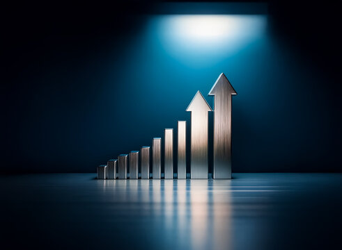 Metallic arrows in a linear progression rise under a spotlight against a dark blue backdrop, symbolizing business growth and upward trends.