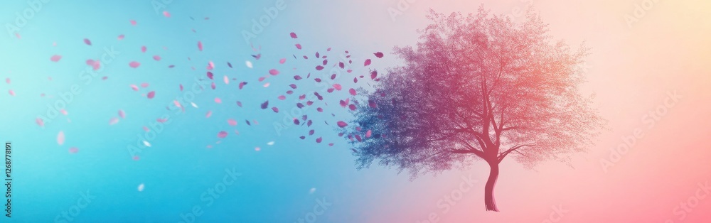 Aufkleber Silhouette of a minimalist tree with falling leaves in a serene gradient backdrop during twilight hours