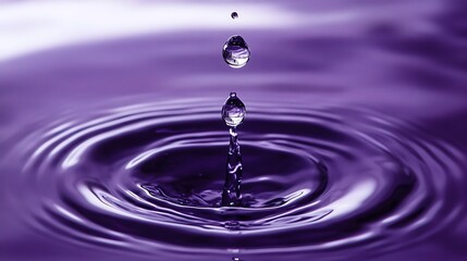 A close-up of water droplets on a purple gradient surface, reflecting light.