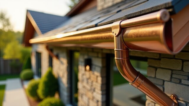 Home gutter system, Stone facade home with a sunlight-reflecting copper gutter system
