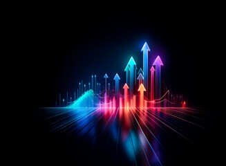 Fototapeta premium Vibrant arrows glow upwards against a dark backdrop, symbolizing growth, progress, and positive trends in a dynamic and digital environment.