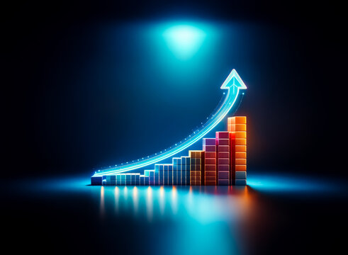 Illuminated bar graph with a glowing arrow pointing upwards against a dark backdrop.  It symbolizes growth, progress, and positive direction.