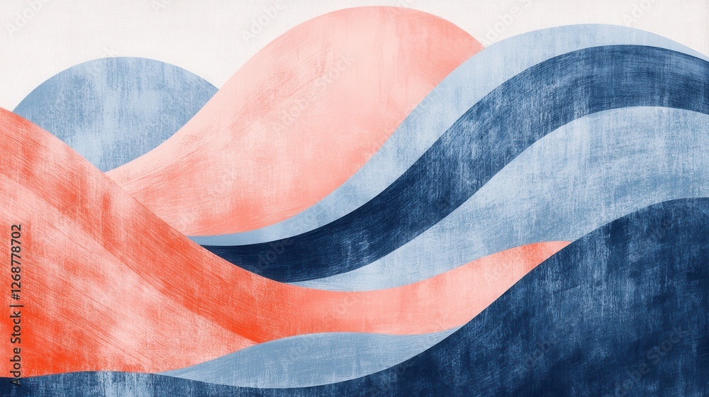 Poster minimalist pencil strokes create harmonious waves in shades of blue and coral across a clean canvas 