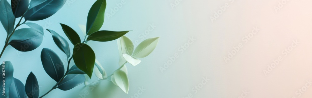 Poster elegant design of minimalist gradient fill featuring muted teal and soft tones with foliage accents 