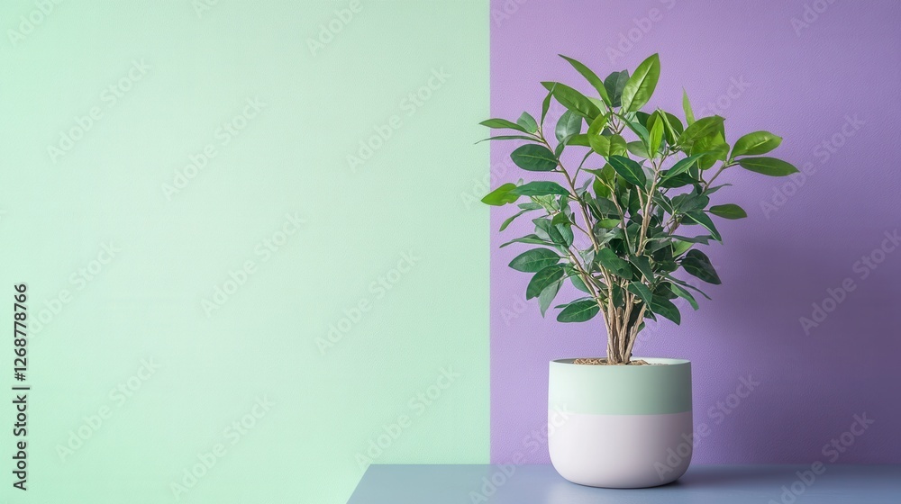 Aufkleber Elegant plant display in minimalist room with gradient wall transitioning from green to purple