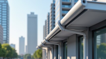 Home gutter system, Urban high-rise with a close-up aluminum gutter on a building