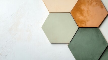 Elegant white composition featuring a bold arrangement of hexagonal tiles in soft color palette against a textured background