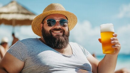 A cheerful plus-size man relaxes on a sunny beach, holding a refreshing beer in one hand. His straw hat and sunglasses enhance the laid-back vibe as waves gently crash nearby