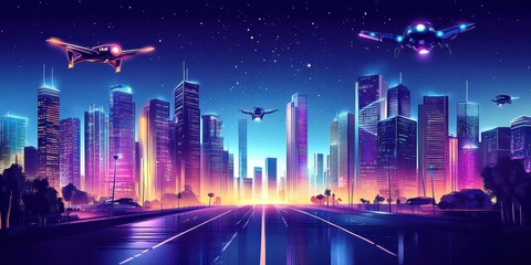 Futuristic cityscape with flying vehicles under a starry night