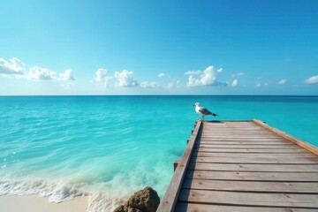 Fototapeta premium Serene Coastal Vista A Solitary Seabird Perched on a Wooden Jetty, Gazing Across a Tranquil Turquoise Ocean Under a Bright Summer Sky