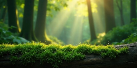 Fototapeta premium Lush green moss flourishing on a weathered log within a sun-dappled forest, showcasing the serene beauty of nature's vibrant ecosystem.
