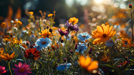 Vibrant Wildflower Meadow in Sunlight During Golden Hour