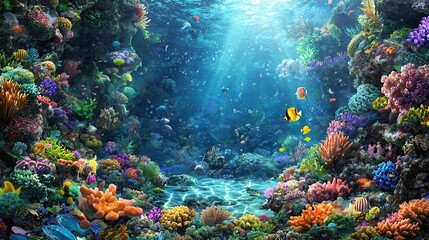 Fototapeta premium Vibrant Underwater Coral Reef Scene with Colorful Fish