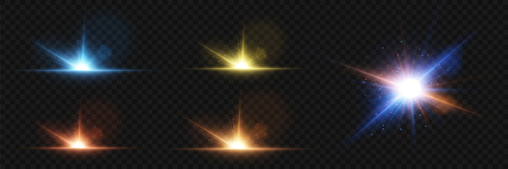 Set of light flashes and highlights, glowing star effect. On a transparent background.