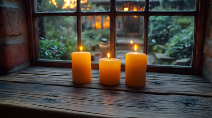 Three Candles On A Windowsill At Dusk