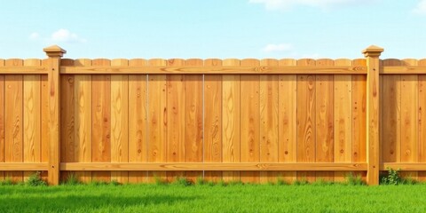 A Sunny Day and a New Wooden Fence in a Lush Green Lawn