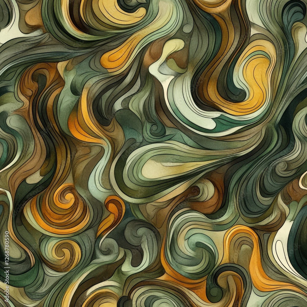 Poster Intricate doodle cartoon drawings with swirling patterns in earthy tones and flowing shapes creating an abstract design