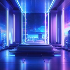 Futuristic bedroom with neon lights overlooks a vibrant cityscape